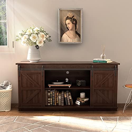 JUMMICO TV Stand for 65 Inch TV, Sliding Barn Doors, Brown - Image 3