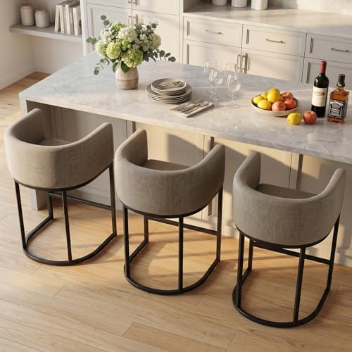 Counter Height Bar Stools Set of 3, 24 Inch Seat Height Barstools for Dining Room, Fabric Upholstered Bar Chair for Kitchen Island, Linen Counter Stools with Metal Legs, Sand by KRAMZMINGQualityHome