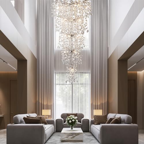 118" Large Crystal Chandelier for High Ceiling, 28-Light Silver Tree Branch Chandelier for High Ceilings, Staircase, Foyer, Entryway, Living Room, Luxury Long K9 Crystal Raindrop Tiered Chandeliers - Image 2