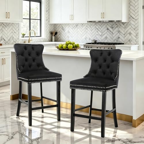 SoarFlash Modern Velvet Upholstered Bar Stools Set of 2 with Wood Legs, Button Tufted,Chrome Nailhead, Counterstool Seat, Armless Bar Chairs (Black) - Image 5
