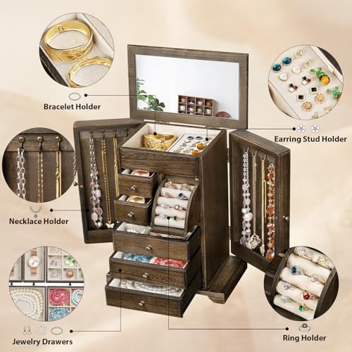 Jewelry Box for Women, Rustic Wooden Jewelry Boxes & Organizers with Mirror & Drawers,6 Layer Jewelry Organizer Box for Rings Earrings Necklaces Bracelets ((Vintage) - Image 4