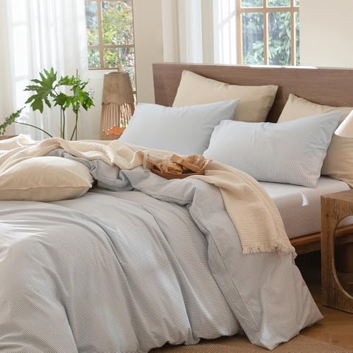 MooMee Striped Duvet Cover Set 100% Washed Cotton Linen Like Queen - Image 3