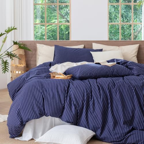 MooMee Striped Duvet Cover Set 100% Washed Cotton Linen Like King - Image 5