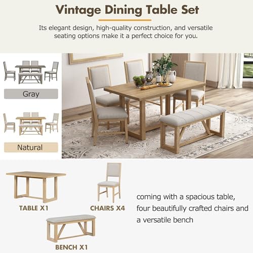 VilroCaz 6-Piece Vintage Dining Table Set, Acacia Wood Rectangular Dining Table with Designed Trestle Base and 4 Upholstered Chairs&1 Bench, Retro Kitchen Dining Room Table Set of 6 (Natural-Desig) - Image 5