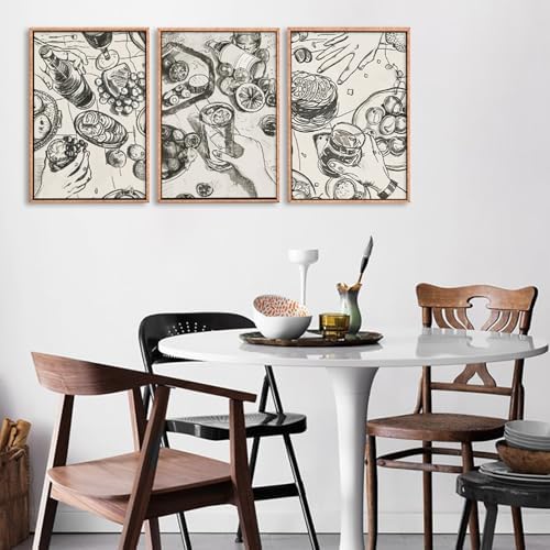LHIUEM Large Retro Sketch Cheers Framed Canvas Wall Art,Food and Drink Wall Decor,Mid Century Gatherings Dinner Wall Painting,Abstract Black and White Art Prints for Kitchen,Dining Room - 24"x36"x3 - Image 3