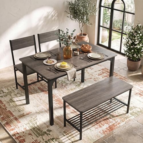 COSTWAY Dining Table Set for 4 w/Bench & 2 Chairs, Storage Racks, Grey by COSTWAY