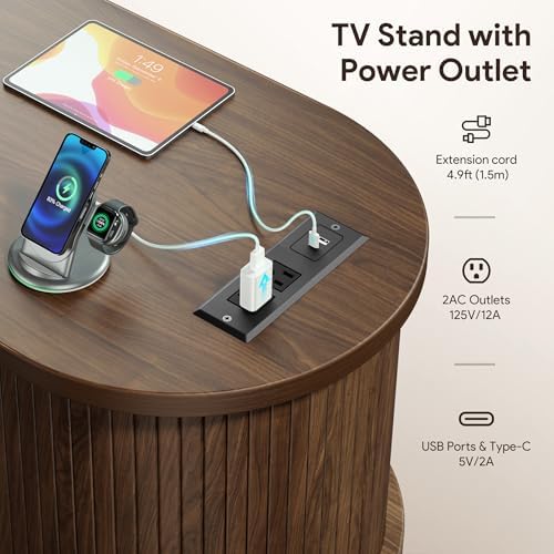 Decofy Mid Century TV Stand for TVs up to 70 Inches Entertainment Center with Storage, Power Outlet, Fluted Sliding Doors & Adjustable Shelves, Modern Media TV Console Table for Living Room (Walnut) - Image 5