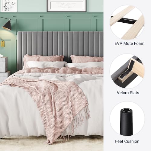 Allewie Full Bed Frame, Velvet Upholstered Platform Bed with Adjustable Vertical Channel Tufted Headboard, Mattress Foundation with Strong Wooden Slats, Box Spring Optional, Easy Assembly, Grey - Image 5