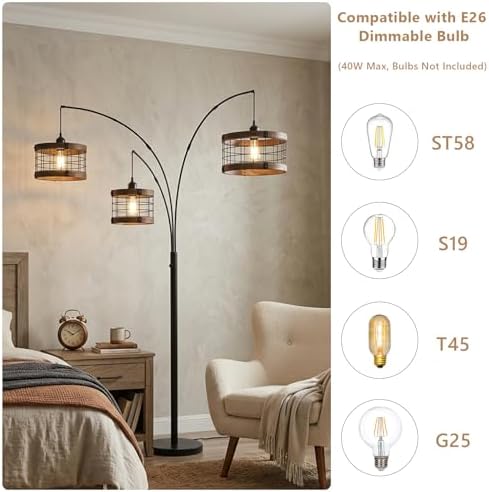 3-Lights Vintage Wood Floor Lamps for Living Room, Black Arc Floor Lamp for Bedroom, Industrial Standing Lamp for Office, Dimmable Tall Lamp, Arched Corner Floor Lamp, Over Couch Reading Lamp - Image 4