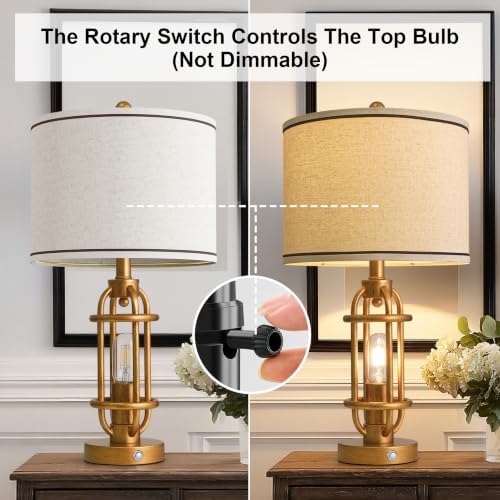 G-SAFAVA 23.75'' Table Lamps Set of 2 for Living Room Bedroom Industrial Farmhouse Metal Touch Lamps with USB A+C Ports, Night Light Vintage Nightstand Bedside Lamp, Bulbs Included, Antique Gold - Image 6
