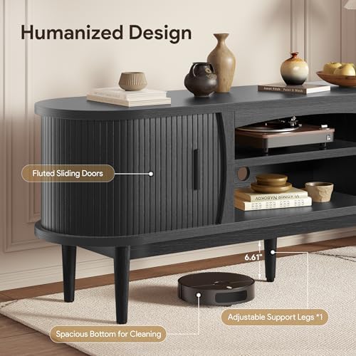 Decofy Mid Century TV Stand for TVs up to 70 Inches, Entertainment Center with Storage, Power Outlet, Fluted Sliding Doors & Adjustable Shelves, Modern Media TV Console Table for Living Room (Black) - Image 4