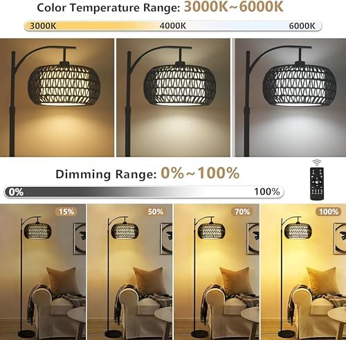 ZECOXOL Arc Floor Lamp with 3 Color Temperatures,Black Floor Lamp with Remote Control, Boho Standing Lamp with Rattan Wicker Shades, Farmhouse Tall Pole Lamp for Living Room Bedroom - Image 3