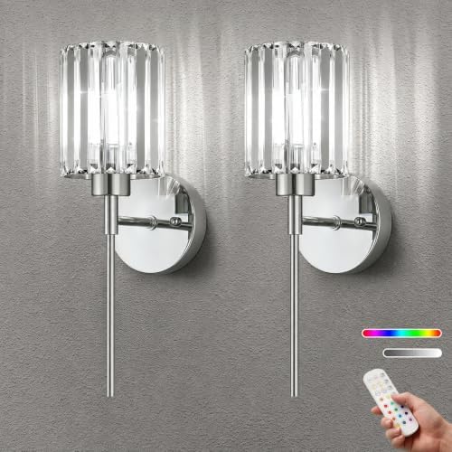 2-Pack Crystal Battery Operated Wall Sconces, Chrome Rechargeable Wireless Wall Sconce Lights with Dimmable Bulbs and Remote, 12 Colors and 3CCT Dimmable Crystal Lamps for Living Bedroom Dining by Unknown