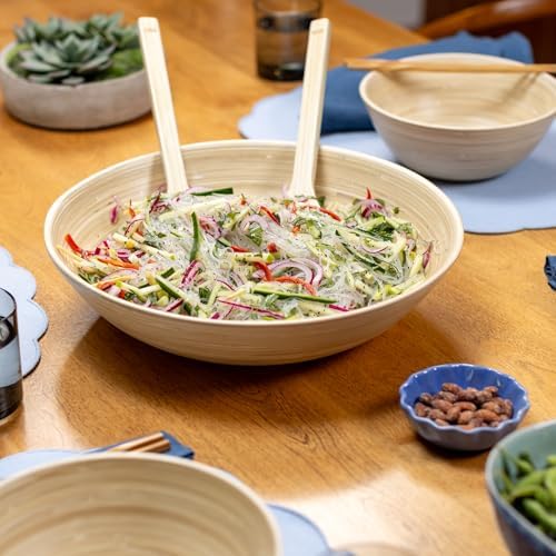 LEXA 2-Piece Handcrafted Bamboo Entertaining Set, 16” Serving Tray with Handles & 14” Salad Bowl, Spun Bamboo Serveware for Hosting, Everyday Dining & Home Décor (Natural) - Image 5