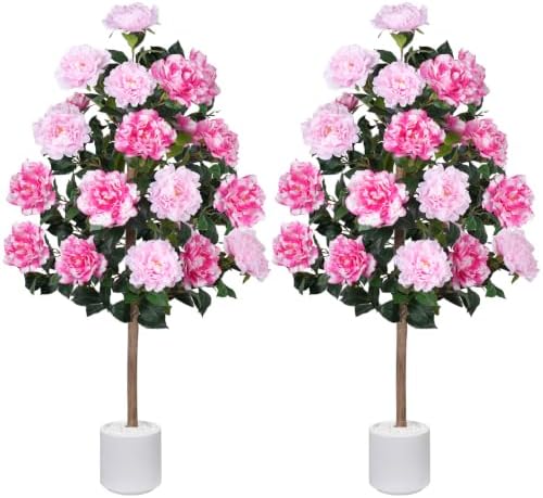 2 Pack 4FT Artificial Peony Tree, Fake Pink Trees for Outdoors Decor by HOENLE