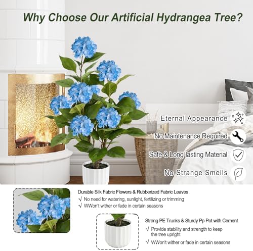 3FT Artificial Hydrangea Tree 2 Pack, Realistic Faux Hydrangea Plants in Pot with Blue Flowers, Lifelike Faux Greenery Home Indoor Outdoor Front Porch Garden or Wedding, Blue - Image 6
