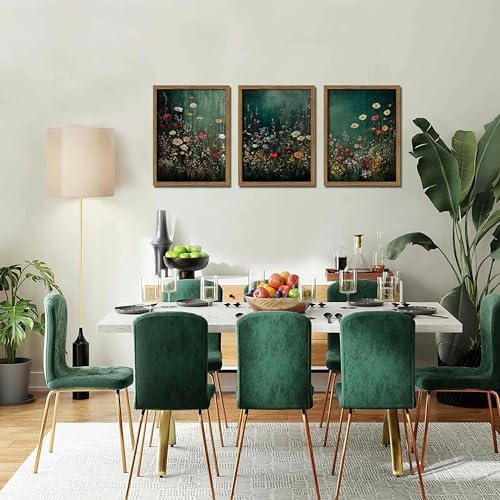 Vintage Wildflower Wall Art Set of 3, Moody Dark Green Flower Botanical Wall Decor Paintings,Nature Floral Farmhouse Landscape Posters Prints Pictures for Living Room Bedroom 16x24 Inch Wood Framed - Image 6