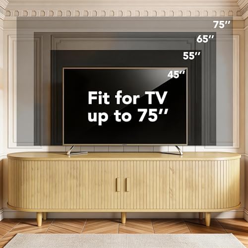 MXV 65" TV Stand with Sliding Doors for Living Room, Mid Century Modern Entertainment Center, TV Console with Fluted Door Cabinets and Power Outlet, Oak - Image 5