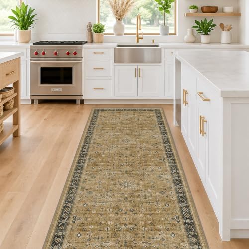 Washable 2x10 Entryway Long Runners for Hallways, Kitchen Floor Mat for Indoor Entrance, Vintage Rustic Brown and Charcoal Olive Decor, Non-Slip Stain Resistant Low-Pile Throw Rug - Image 3