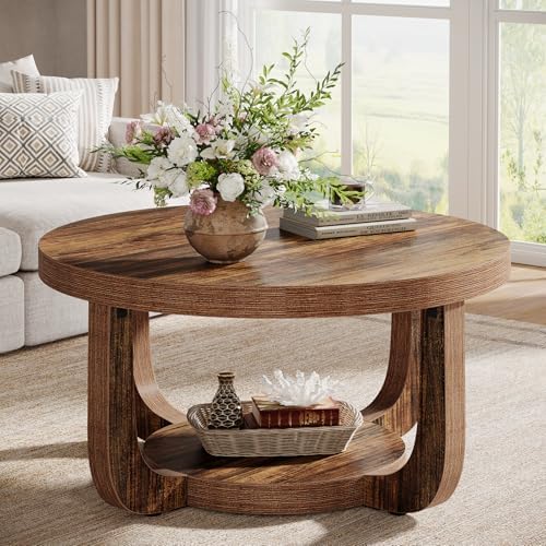 Tribesigns Round Coffee Table, 2-Tier Circle Coffee Table with Storage, Modern Wooden Accent Center Table for Living Room, Thick Tabletop & Base, Dark Brown by Tribesigns