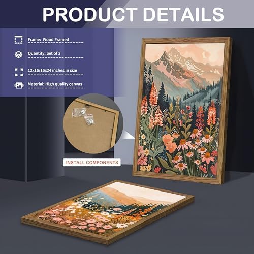 Boho Colorful Landscape Wall Art Set of 3, Vintage Wildflower Mountain Canvas Wall Decor Paintings, Rustic Nature Floral Pictures Prints for Living Room Bedroom 12x16 Inch Wood Framed - Image 2