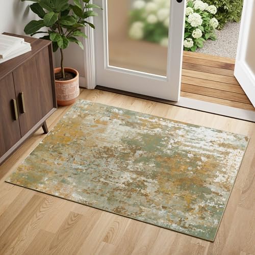 Entryway Rug 2x3 Green Door Mat Indoor Entrance 24x36, Washable Small Throw Rugs for Kitchen Floor, Entry, Front Door, Bedside, Non-Slip Low Pile Stain & Fade Resistant, Abstract Sage Green by Acapet