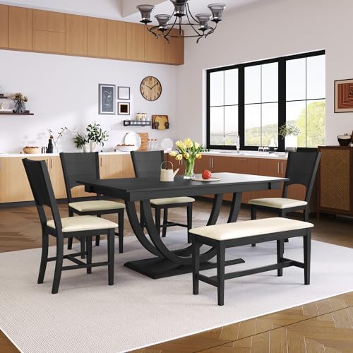 Modern Solid Wood 6-Piece Dining Table Set, Unique Design Half Round Legs Dining Table with Upholstered Dining Chairs&Bench, Kitchen Dining Room Set for 6 (Grey-Half L) - Image 3