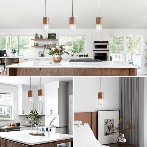2-Pack Modern Pendant Lights for Kitchen Island, Adjustable Pendant Light Fixtures with Brown Wood Grain, Industrial Clear Glass Pendant Lights for Dining Table Hallway Bedroom Living Room - Image 2
