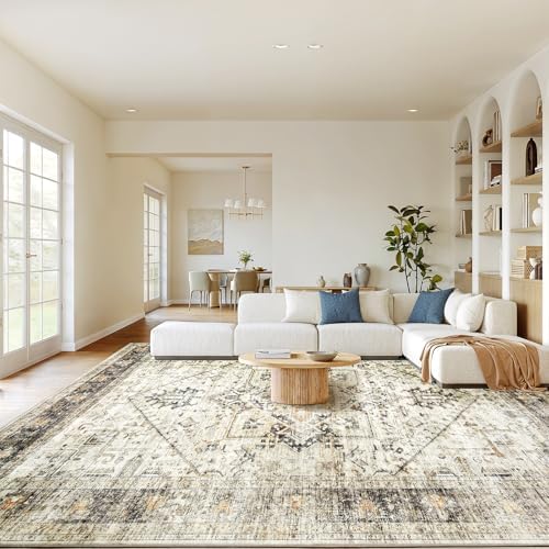 Amada Large 9x12 Washable Area Rug for Living Room, Yellow, Vintage Pattern by AMADAHOMEFURNISHING
