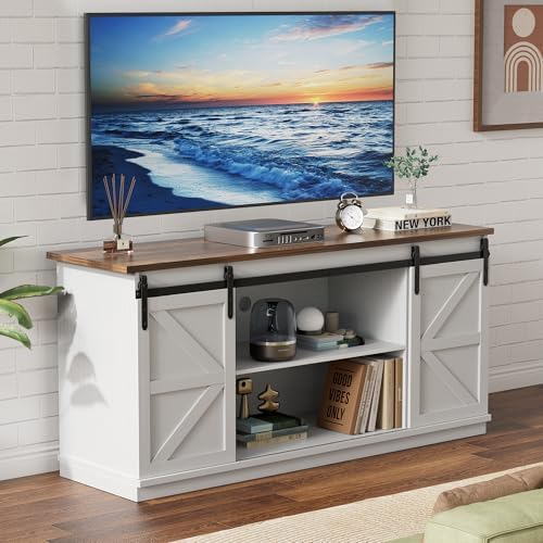 YESHOMY 58" Farmhouse TV Stand for TVs up to 65", Sliding Barn Doors, White by SearchallYESHOMY