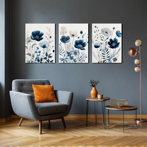 LLEEMPI Framed Navy Blue Floral Wall Art Set of 3, 12x16 Inch Canvas Prints - Image 2