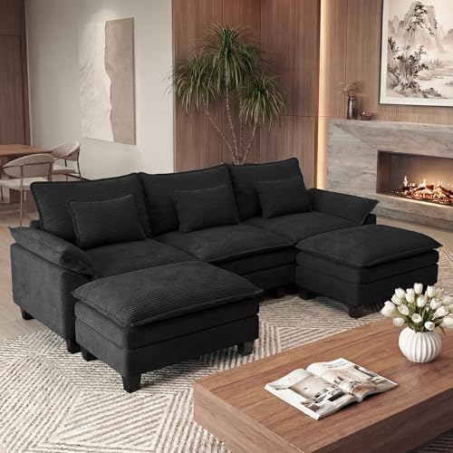 URRED Oversized Modular Sectional Sofa，Solid Black：122" U Shaped by URRED