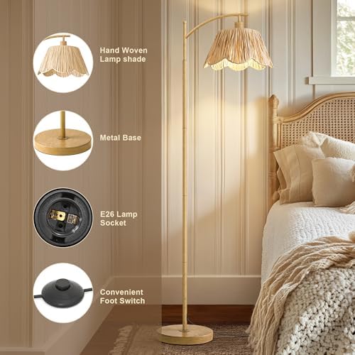 Oneach Boho Floor Lamp for Living Room, Farmhouse Standing Lamp with Foot Switch, Corner Reading Lamps for Bedroom with Hand-Woven Shade, Light Woodgrain Metal Base & Pole - Image 6