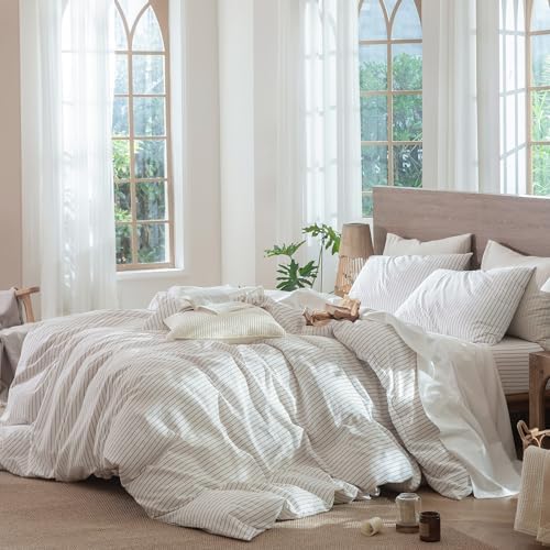 MooMee Striped Duvet Cover Set 100% Washed Cotton Linen Like Twin - Image 3