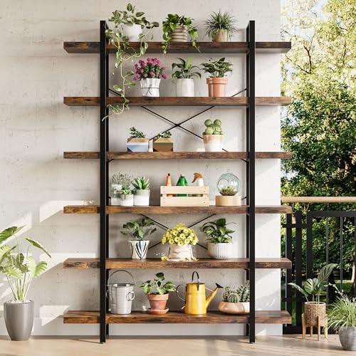 2PCS Heavy Duty 6 Tier Industrial Bookcase for Home Office, Rustic Brown - Image 5
