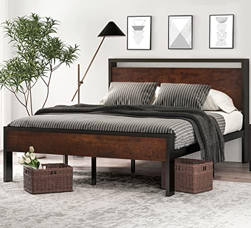 SHA CERLIN 14 Inch Queen Size Metal Platform Bed Frame with Wooden Headboard and Footboard, Mattress Foundation, No Box Spring Needed, Large Under Bed Storage, Non-Slip Without Noise, Mahogany by SHACERLIN