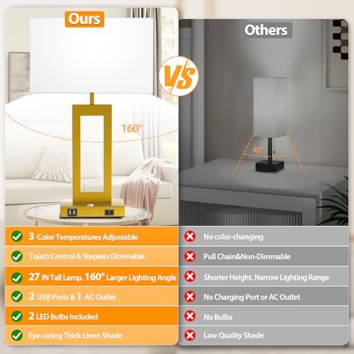 Table Lamps for Bedrooms Set of 2, 27.2’’ Super Tall Modern Gold Lamps for Living Room Nightstand End Tables, Button Touch Control Bedside Lamps with 2 USB Ports, 3 Color Temp. E26 Bulbs Included - Image 6