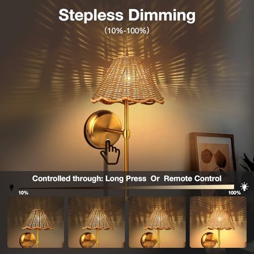 Battery Operated Boho Rattan Wall Sconce Set of 2, Stepless Dimming Magnetic Wall Lamp, 5200mAh Rechargeable Battery and Integrated LED, for Living Room Bedroom Hallway Corridor - Image 2