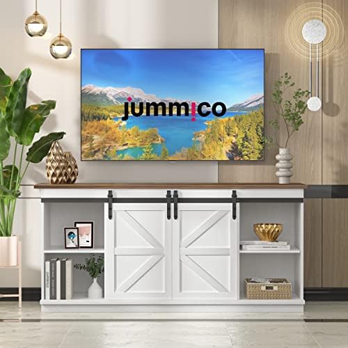 JUMMICO TV Stand for 65 Inch TV, Sliding Barn Doors, Bright White - Image 3