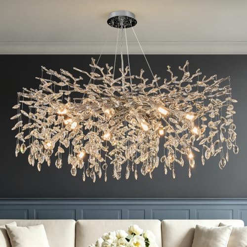 40" Modern Tree Branch Crystal Chandelier, 14-Light Silver Pendant Light by witkey