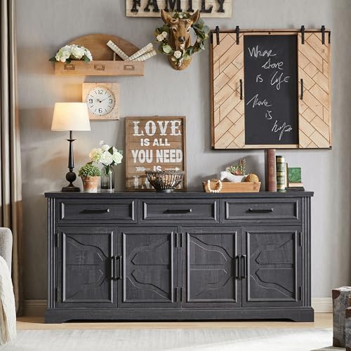 JXQTLINGMU 66" Farmhouse Buffet Cabinet with Storage, Sideboard Credenza, Carved Cloud-Inspired Doors, 3 Drawers & Adjustable Shelves, Coffee Bar Cabinet, Black - Image 5