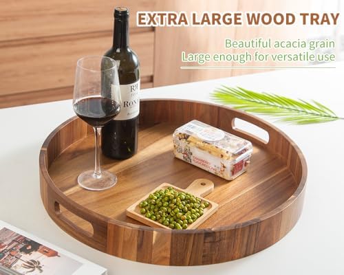 Extra Large Round Ottoman Coffee Table Tray, 22" Big Kitchen Serving Trays for Huge Ottoman Counter Giant Decorative Organizer, Huge Wood Serveware Tray with Built-in Handle for Big Job - Image 3