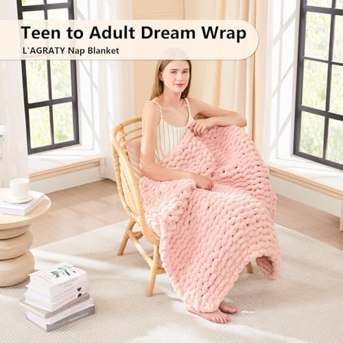 L'AGRATY Chunky Knit Throw Blanket for Couch, 30'' x 40'' Knit Throw, Pink - Image 2