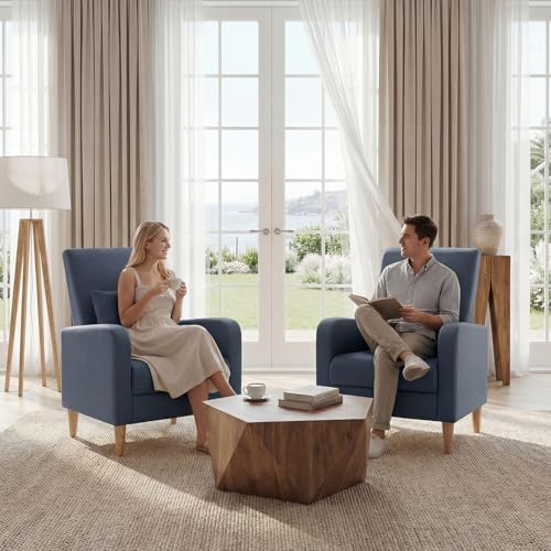 COLAMY Mid-Century Modern Accent Chair, Faux Leather Upholstered Living Room Chair with Back Pillow & Solid Wood Legs, Comfy Armchair for Living Room, Bedroom, Single Sofa, Dark Blue - Image 3