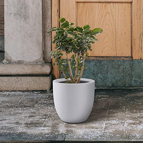 Kante 10 Inch Dia Round Concrete Planter, Indoor Outdoor Large Plant Pot with Drainage Hole and Rubber Plug for Home Patio Garden, Pure White - Image 4