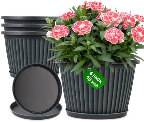 Myfeegoin Planter-Pots-for-Plants-Indoor-Outdoor, 4 Pack 10 Inch Plastic Flower Pots with Saucer & Drainage Holes, Modern Garden Planters for Planting Medium Large Plants，Decorative Resin Garden Pots by Myfeegoin