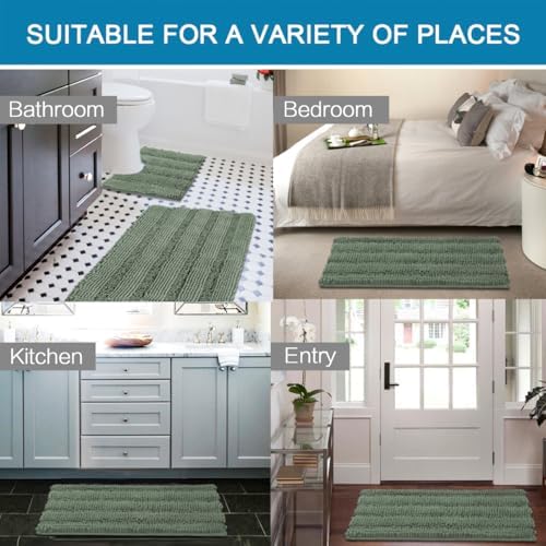H.VERSAILTEX Bathroom Rugs Bath Rug Set 2 Piece Bathroom Contour Rug Toilet Mat Non Slip Contour Bath Rug Ultra Thick Water Absorbent Striped Bath Mats Washable(36" x 24" Plus 20" x 24" U, Green Bay) - Image 6
