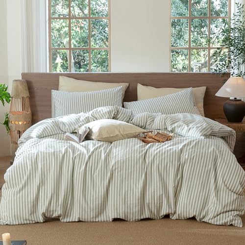MooMee Striped Duvet Cover Set 100% Washed Cotton Linen Like Full by MOOMEE