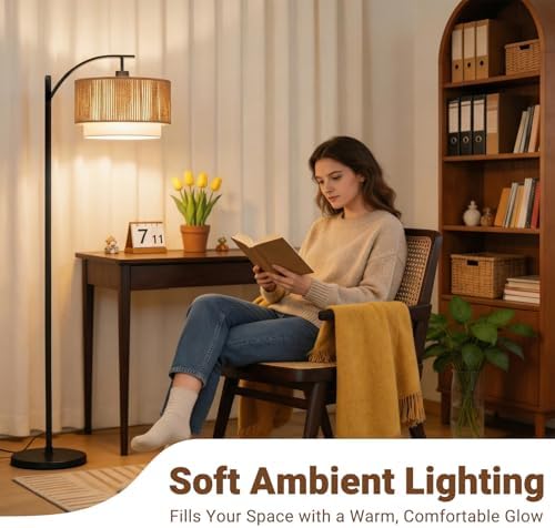 TJOY Arc Floor Lamp for Living Room, Boho Rattan & Fabric Shades - Image 5