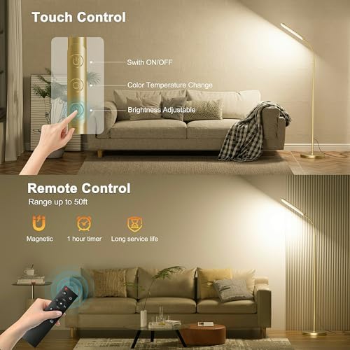 Yikuneng Dimmable LED Floor Lamp, Super Bright Reading Lamps Floor Standing lamp with Remote & Touch Control, Stepless Dimming & 2700K-6500K Color Temperature, for Living Room Bedroom Office, Gold - Image 5